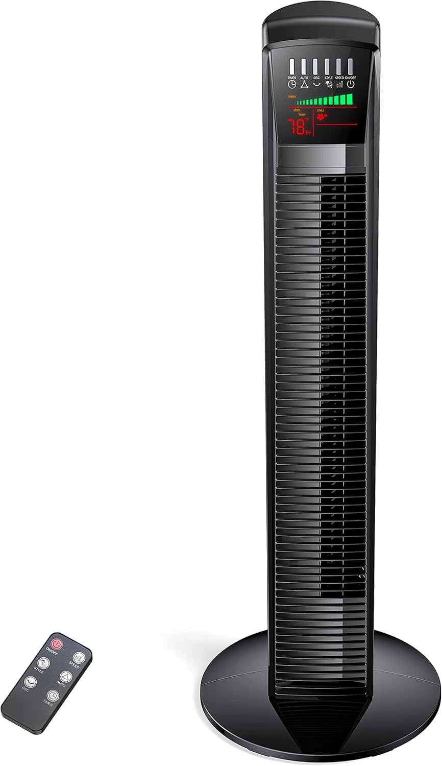 Tower Fan, 34” 65°Oscillating Cooling Fan with 3 Speeds, 3 Modes, Remote Control, LED Display, 12-Hour Timer, Portable Stand Up Floor Bladeless Fan for Bedrooms, Living Rooms, Kitchen, Offices Pack of 2