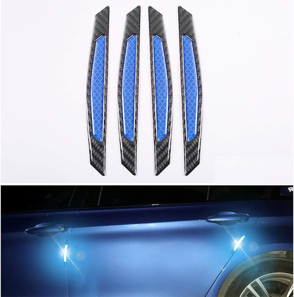 Aprilyy 4pcs 3D Super Blue Reflective Stickers Black Real Carbon Fiber Strips Car Side Door Edge Bumper Anti-Scratch Protection Guards Trim Stickers Universal