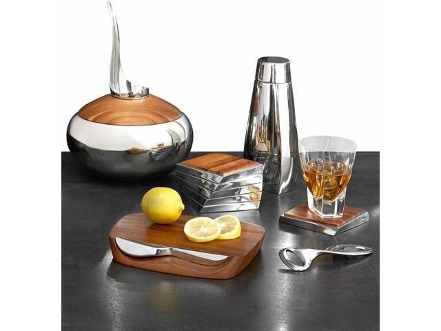 Nambe Twist Beverage Coaster Set of 6, Acacia Wood and Alloy Metal - Silver