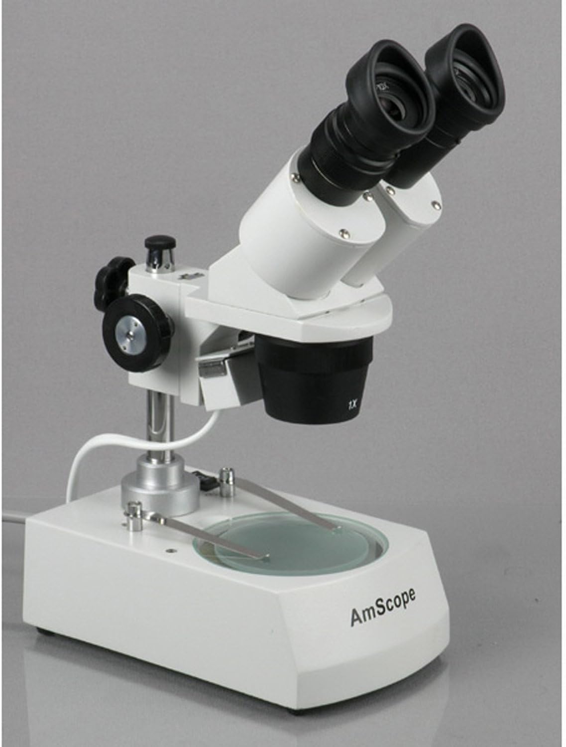 AmScope SE306R-P Forward-Mounted Binocular Stereo Microscope, WF10x Eyepieces, 20X and 40X Magnification, 2X and 4X Objectives, Upper and Lower Halogen Lighting, Reversible Black/White Stage Plate, Pillar Stand, 120V
