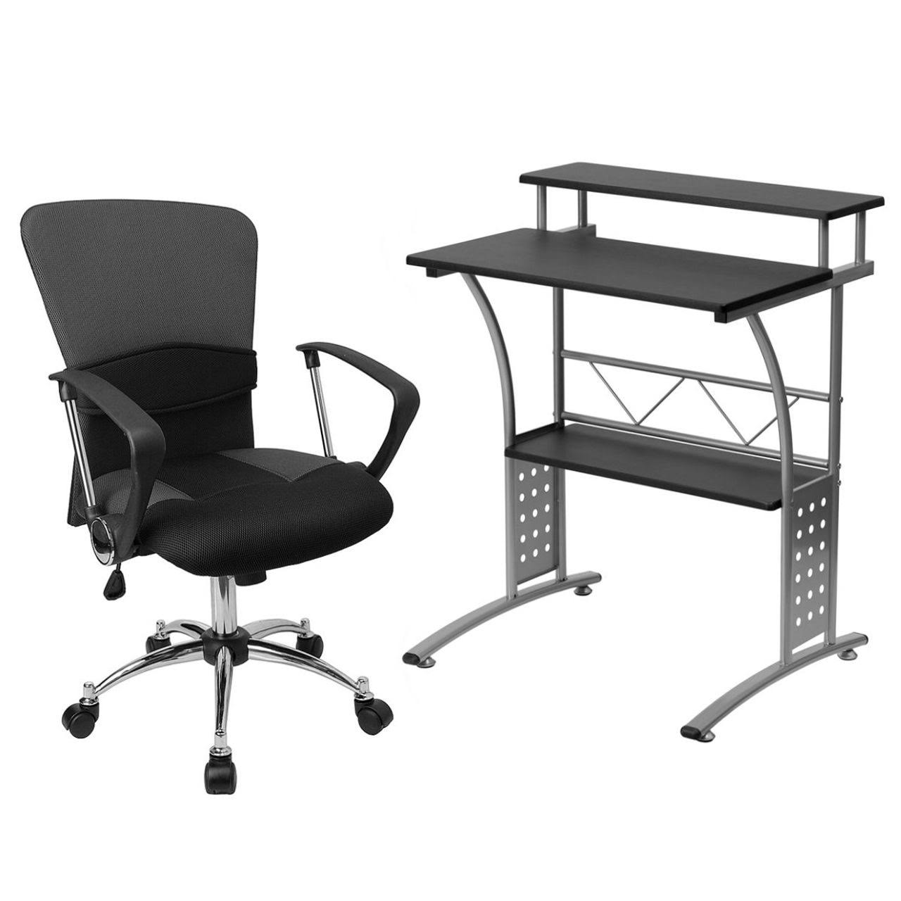 Flash Furniture Mid-Back Grey Mesh Swivel Task Chair with Arms and Clifton Black Computer Desk