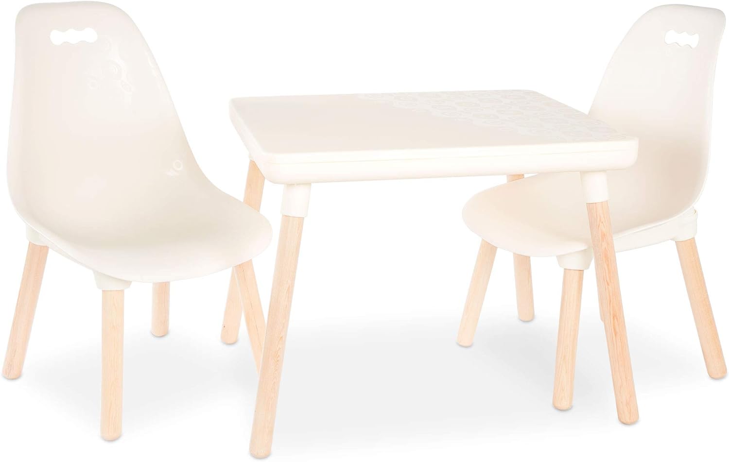 B. Toys by Battat Spaces by Battat &ndash; Kids Furniture Set &ndash; 1 Craft Table & 2 Kids Chairs with Natural Wooden Legs (Ivory)