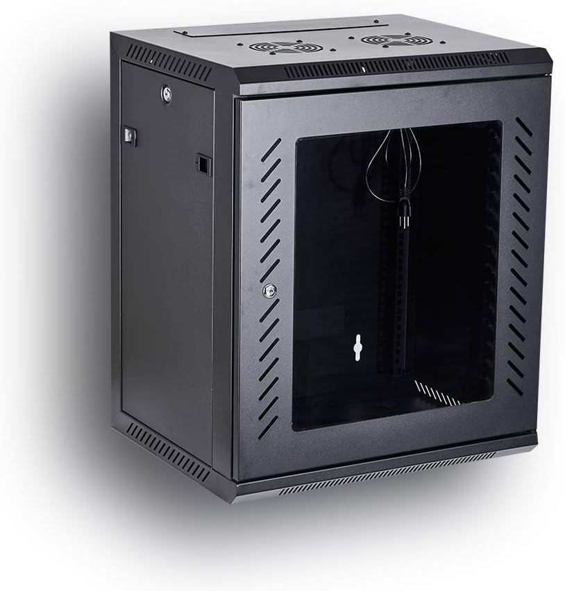KENUCO [Fully Assembled] Deluxe IT Wall Mount Cabinet | Server Rack | Data Network Enclosure 19-Inch Server Network Rack with Locking Tempered Glass Door (Black 18U)