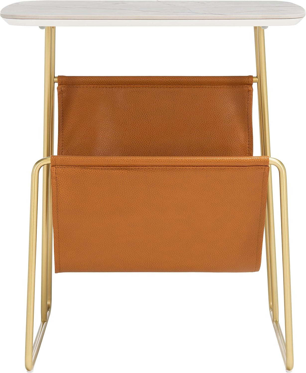 SAFAVIEH Couture Home Collection Rosaline Faux Marble Top Gold Magazine Holder Accent Table SFV8722A, White/Brown