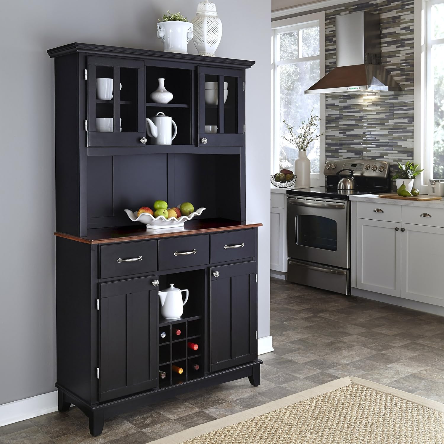 Homestyles Black Cherry Wood Top Buffet Server and Hutch