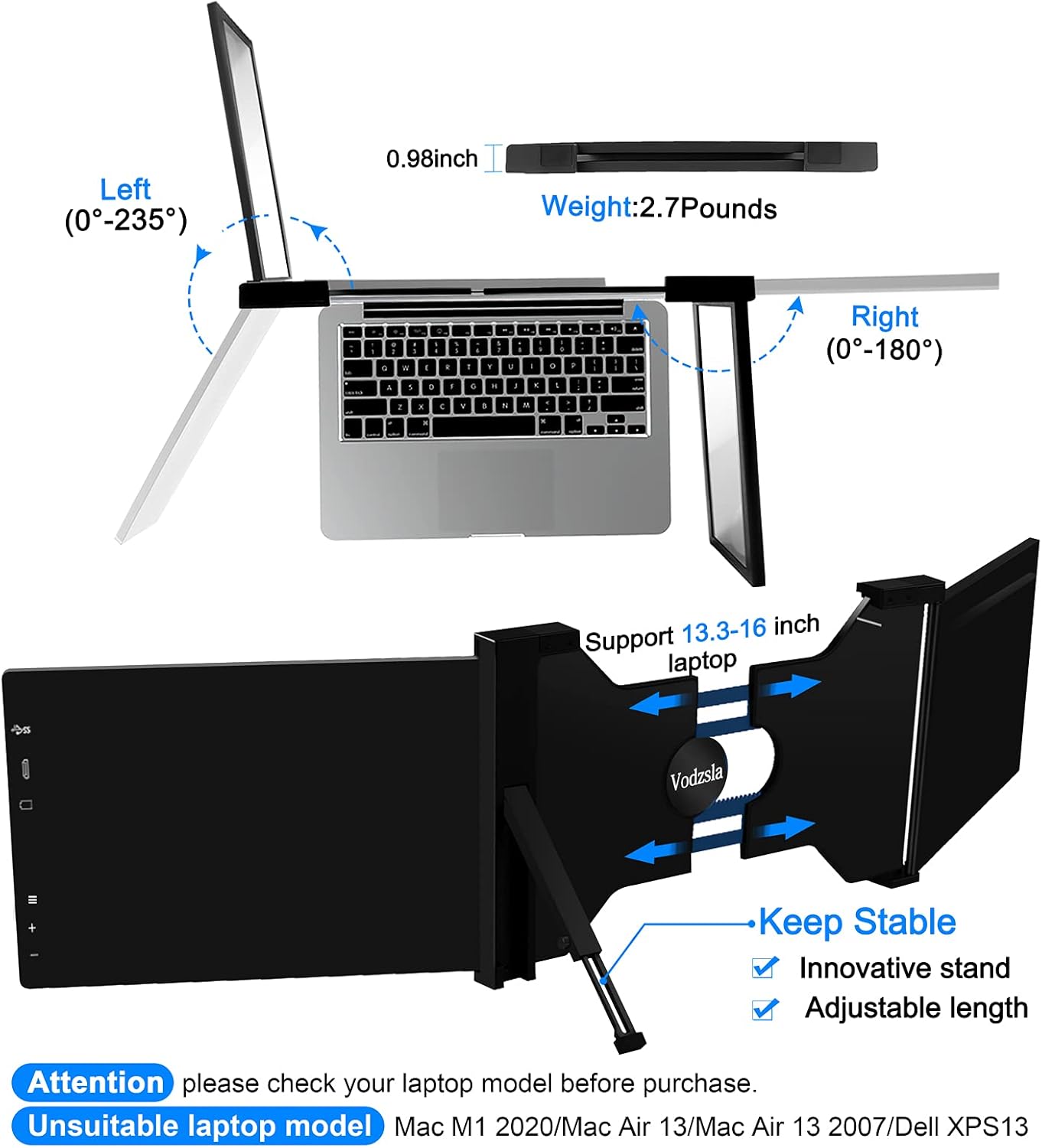 Vodzsla Triple Portable Monitor for Laptop,Full HD IPS 11.6'' Dual Monitor Laptop Screen Extender,HDMI/USB/Type-C Plug and Play Gaming Laptop Monitor for 13.3&rdquo;-16&rdquo; Windows Chrome Mac Laptop