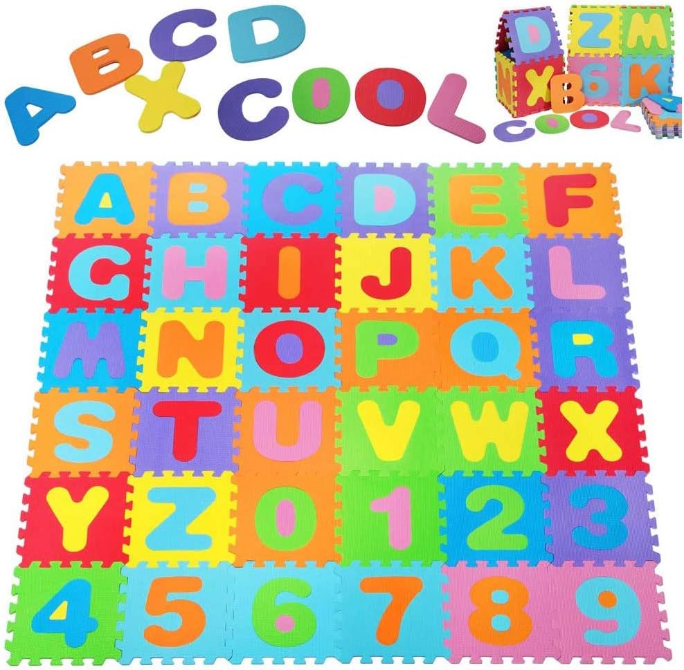 Kangler Kids Foam Puzzle Play Mat (36-Piece Set) 12X12 Inches Interlocking Floor Tiles with Alphabet and Numbers Pack of 2