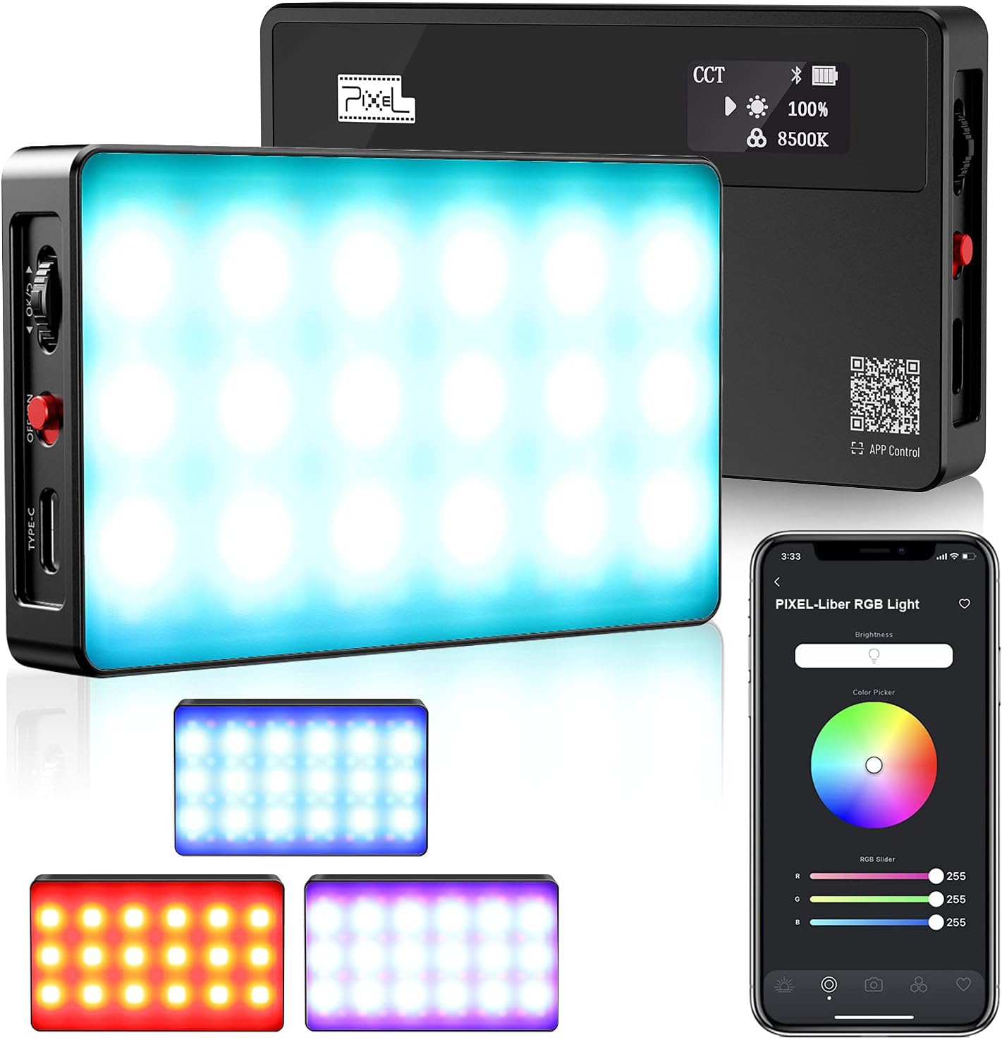 Pixel Liber RGB Video Light, Magnetic Attract and App Support,Full Color,2500K-8500K, Mini LED Aluminum Alloy Body Panel Light ⁣for Tiktok, Video Conference, Photography，YouTube, Videography Pack of 2