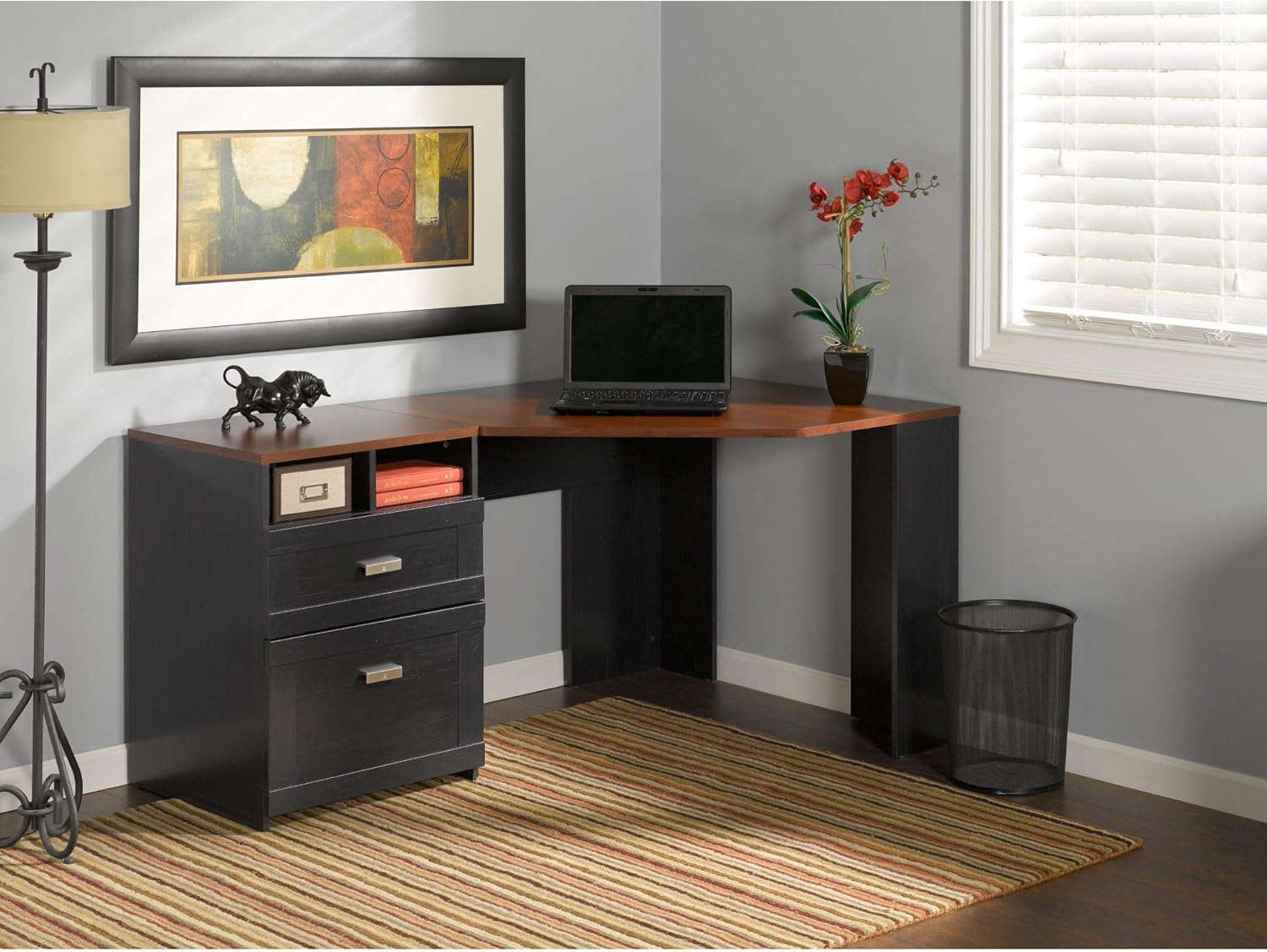 Bush Furniture Wheaton Corner Desk, Antique Black/Hansen Cherry
