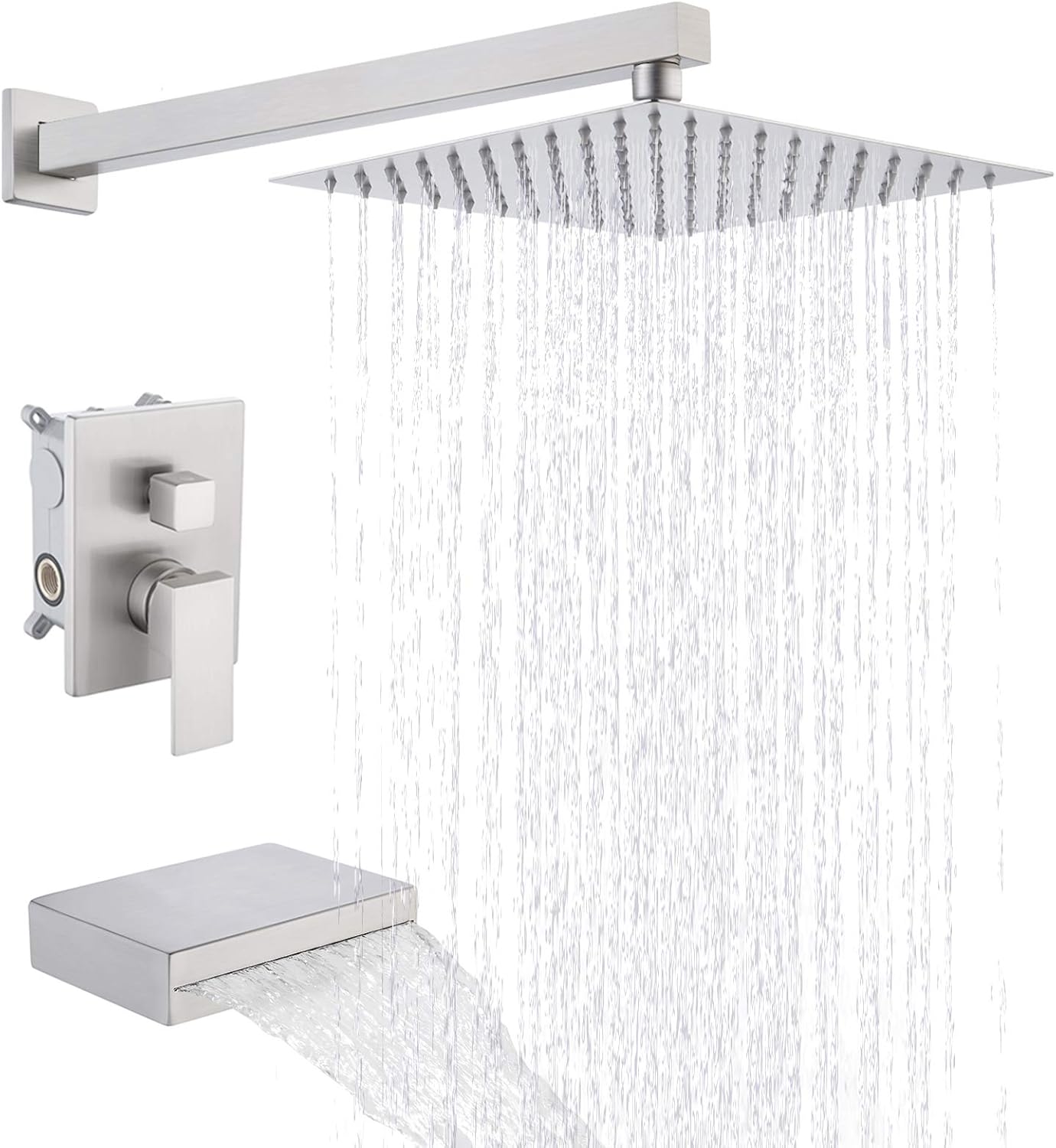 KES Tub and Shower Faucet Set Shower System with 10-Inch Rain Shower Head and Waterfall Tub Faucet Wall Mount Shower Valve and Trim Kit Included Matte Black, XB6240-BK