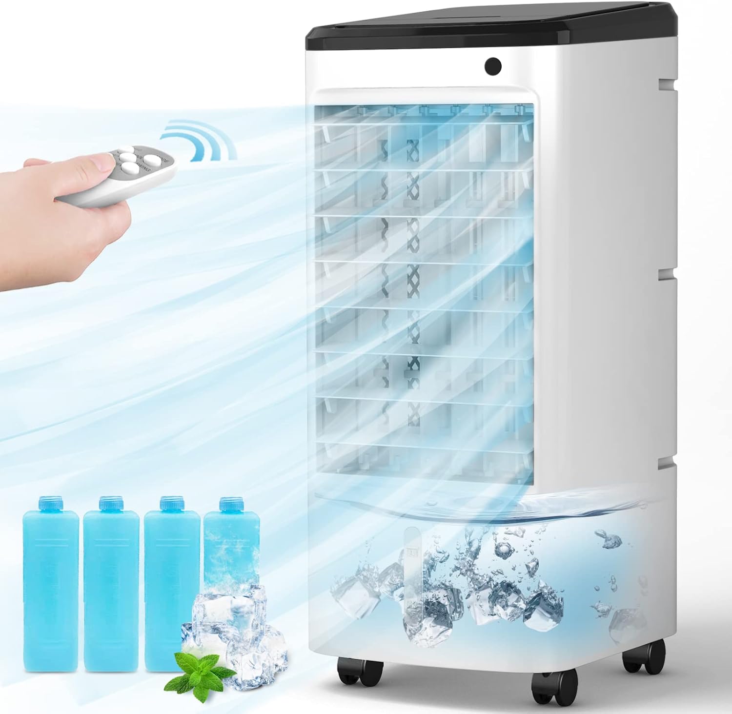 3-IN-1 Evaporative Air Cooler, Portable Evaporative Cooler Fan/Humidifier/Cooling with 4 Ice Packs, 12H Timer & Remote, Ultra-Quiet & 65&deg; Oscillating, Portable Air Conditioner for Room Home Office Use