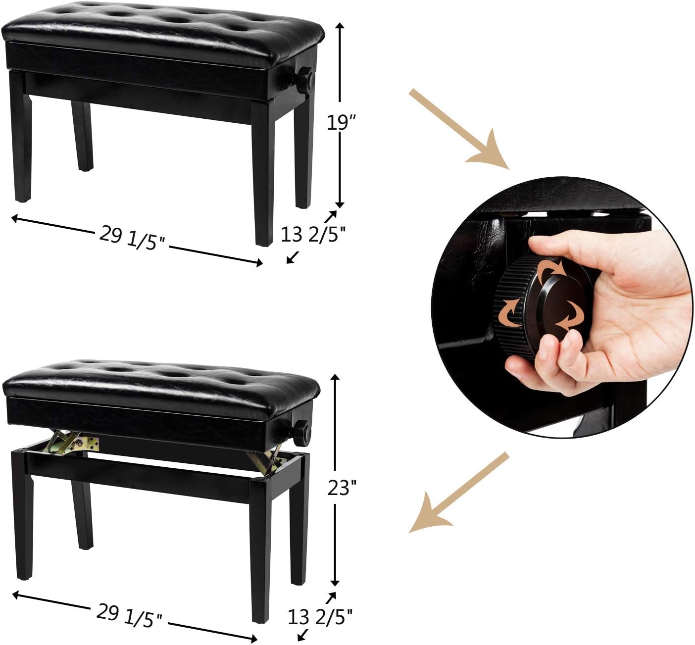 Bonnlo Adjustable Duet Piano Bench with Storage Black Faux Leather Piano Stool Deluxe Padded Seat with 2&rdquo; Thick Cushion