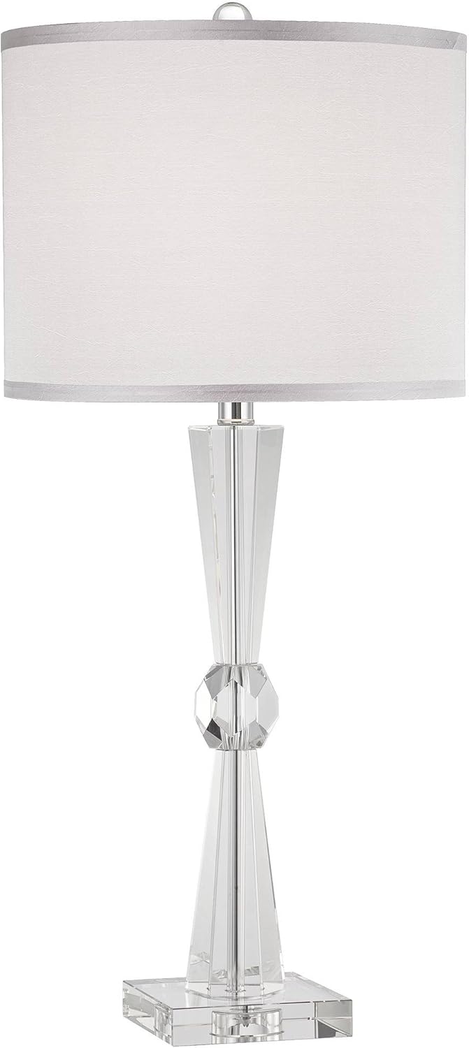 Linley Modern Table Lamp Art Deco Faceted Crystal Column Gray Drum Shade for Living Room Family Bedroom Bedside - Vienna Full Spectrum