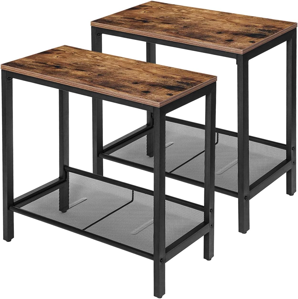 HOOBRO Side Tables, Set of 2 Narrow Nightstands, Industrial End Table with Flat or Slant Adjustable Mesh Shelf for Small Spaces, Stable Metal Frame and Easy Assembly, Rustic Brown and Black BF24BZ01