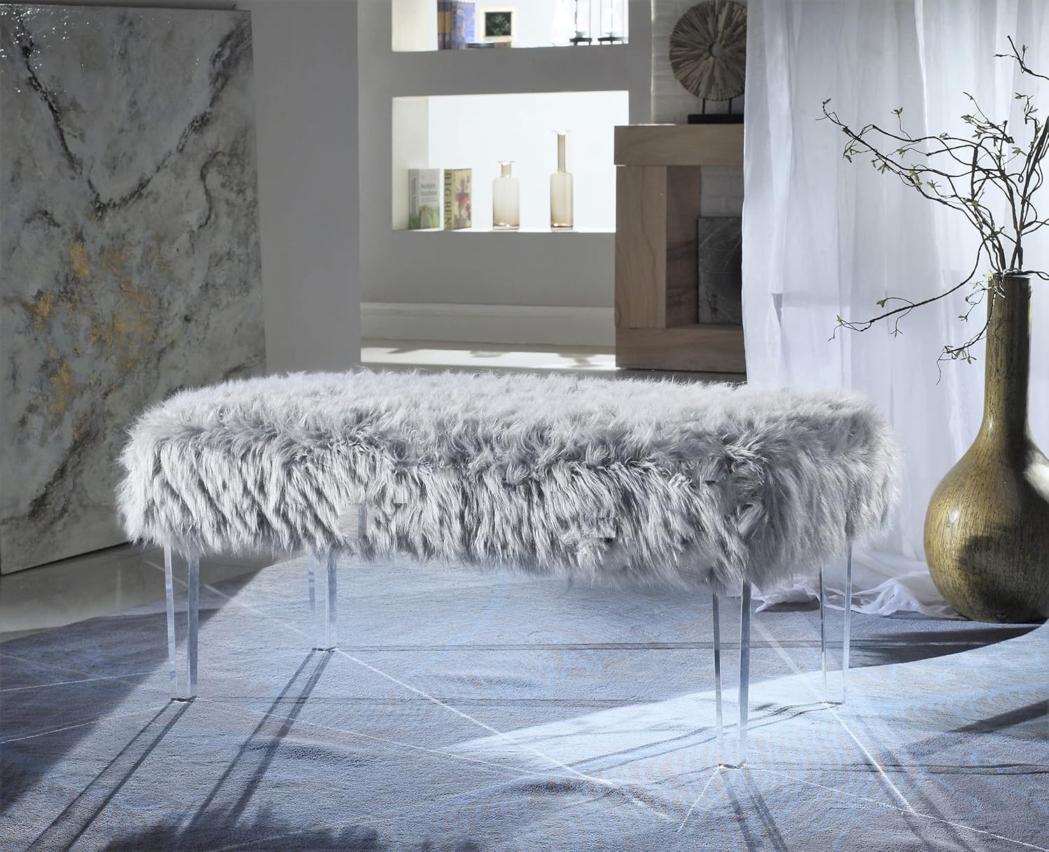 Iconic Home Trento Modern Contemporary Faux Fur Acrylic Leg Bench, Grey