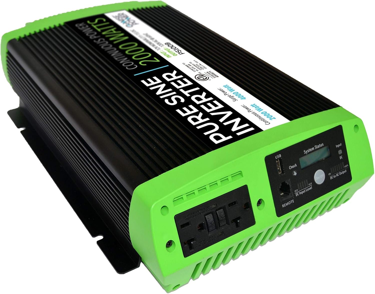 GoWISE Power PS1009 2000W Continuous 4000W Surge Peak Power Pure Sine Wave Inverter w/Digital LCD Display, Black/Green