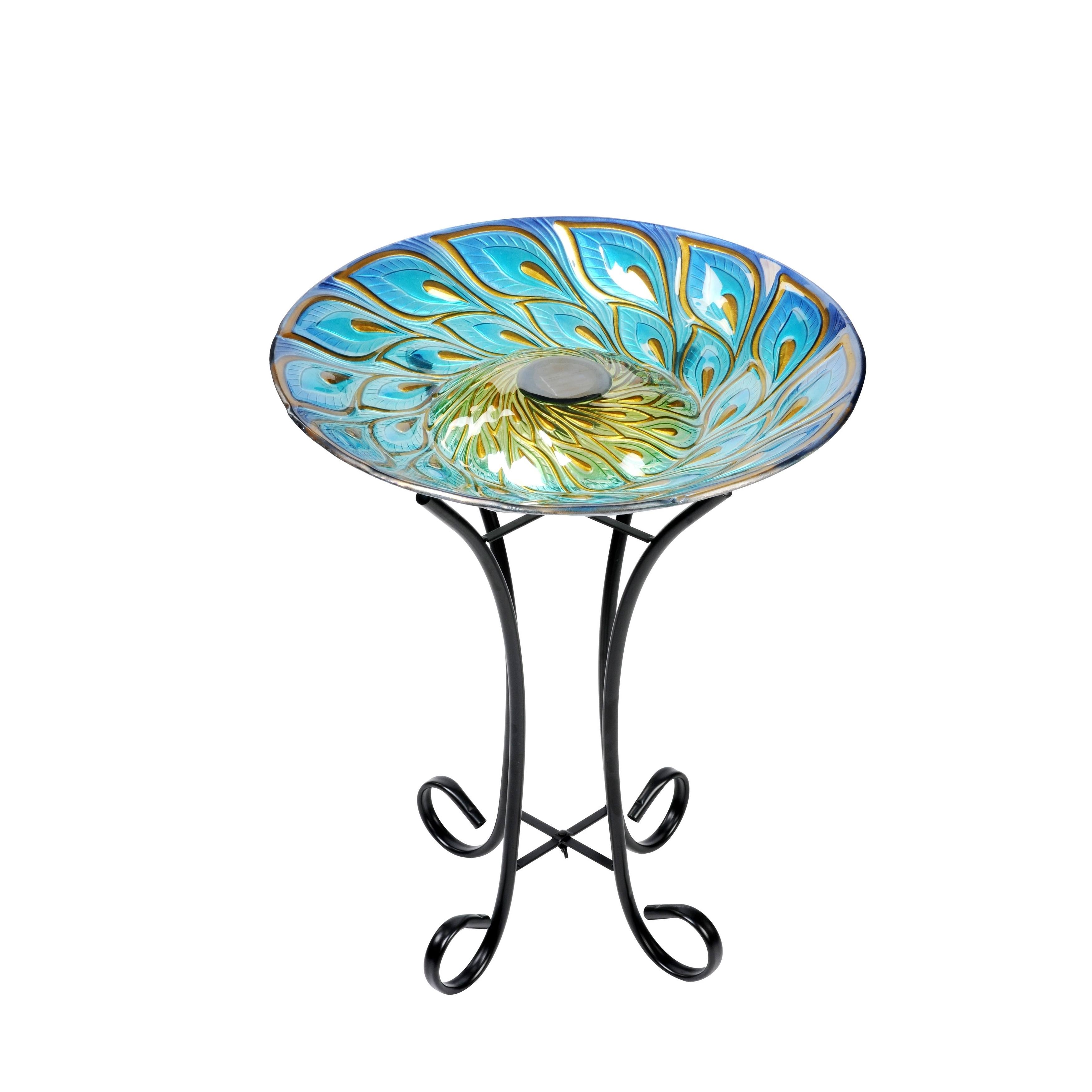 Hi-Line Gift Ltd. Solar Glass Peacock Feathers Bird Bath with Stand