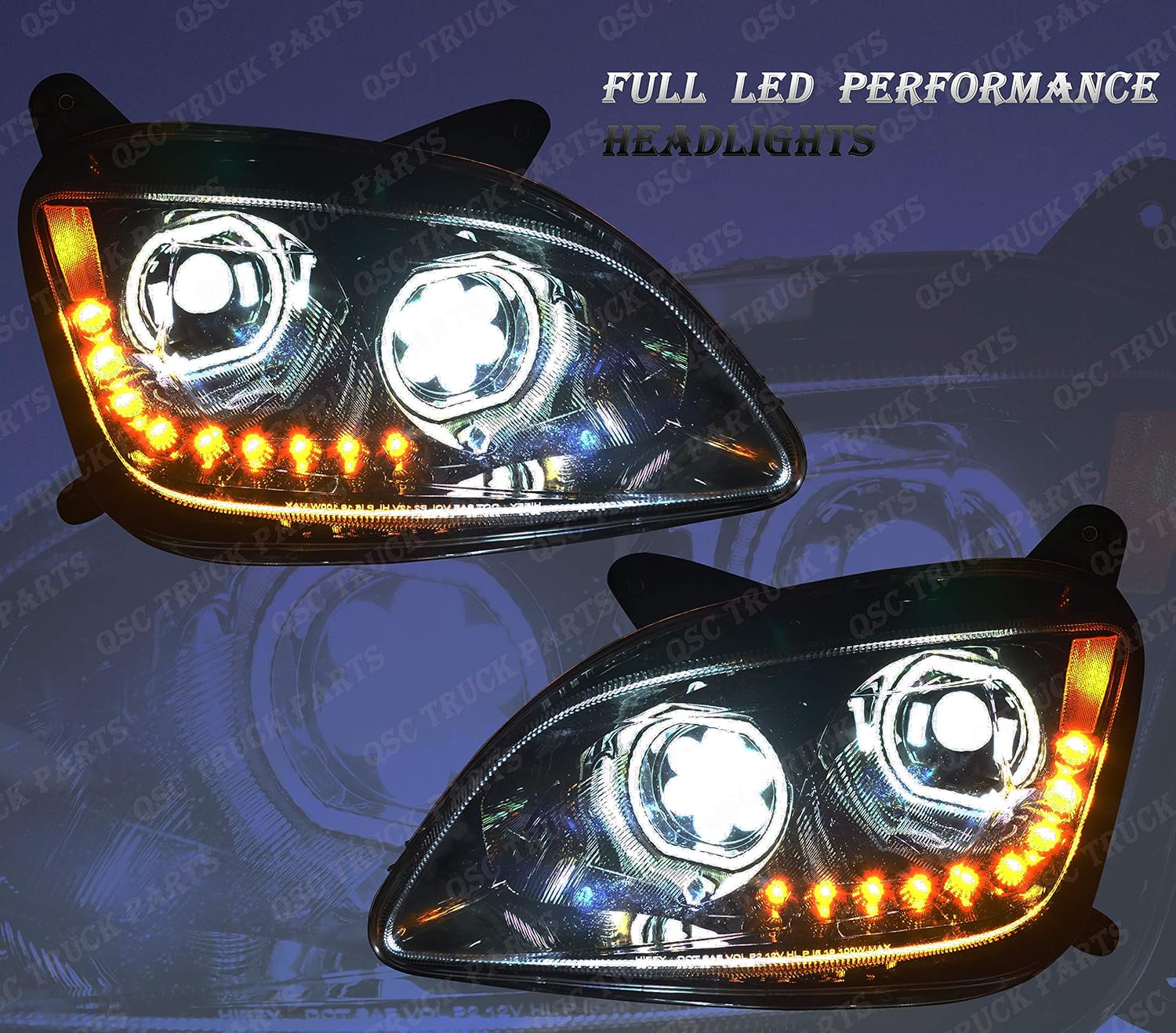 QSC Full LED Performance Black Headlight Assembly Pair for Peterbilt 579 587