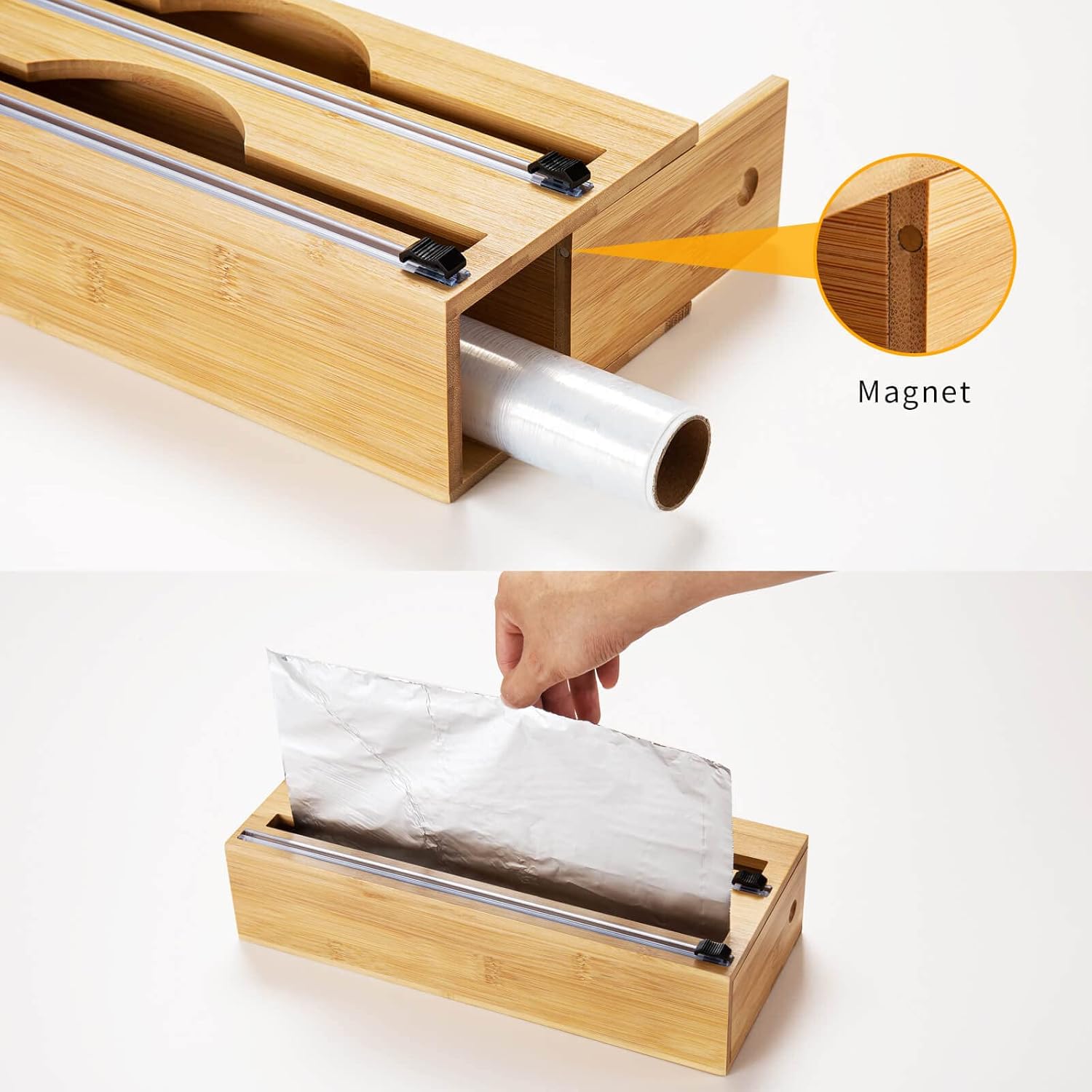 Plastic Wrap Dispenser with Cutter, Foil and Plastic Wrap Organizer 2 in 1 Dispenser with Cutter, Bamboo Aluminum Foil and Wax Paper Dispenser for Kitchen Drawer, Compatible with 12