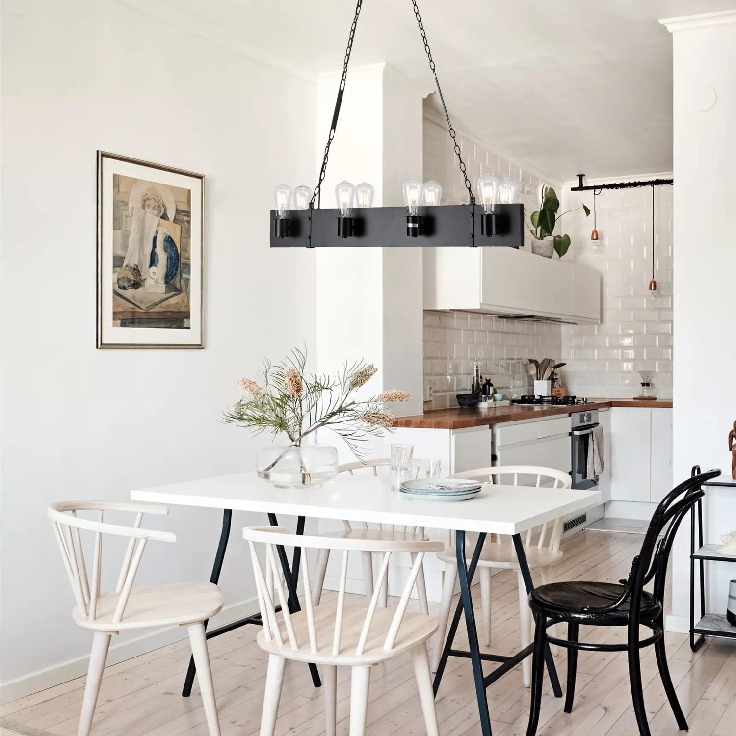 Industrial 8 Lights Chanderlier Vintage Black Pendant Lighting Fixture Farmhouse Linear Kitchen Island Light for Dining Room, Kitchen, Living Room, Bar, Bedroom