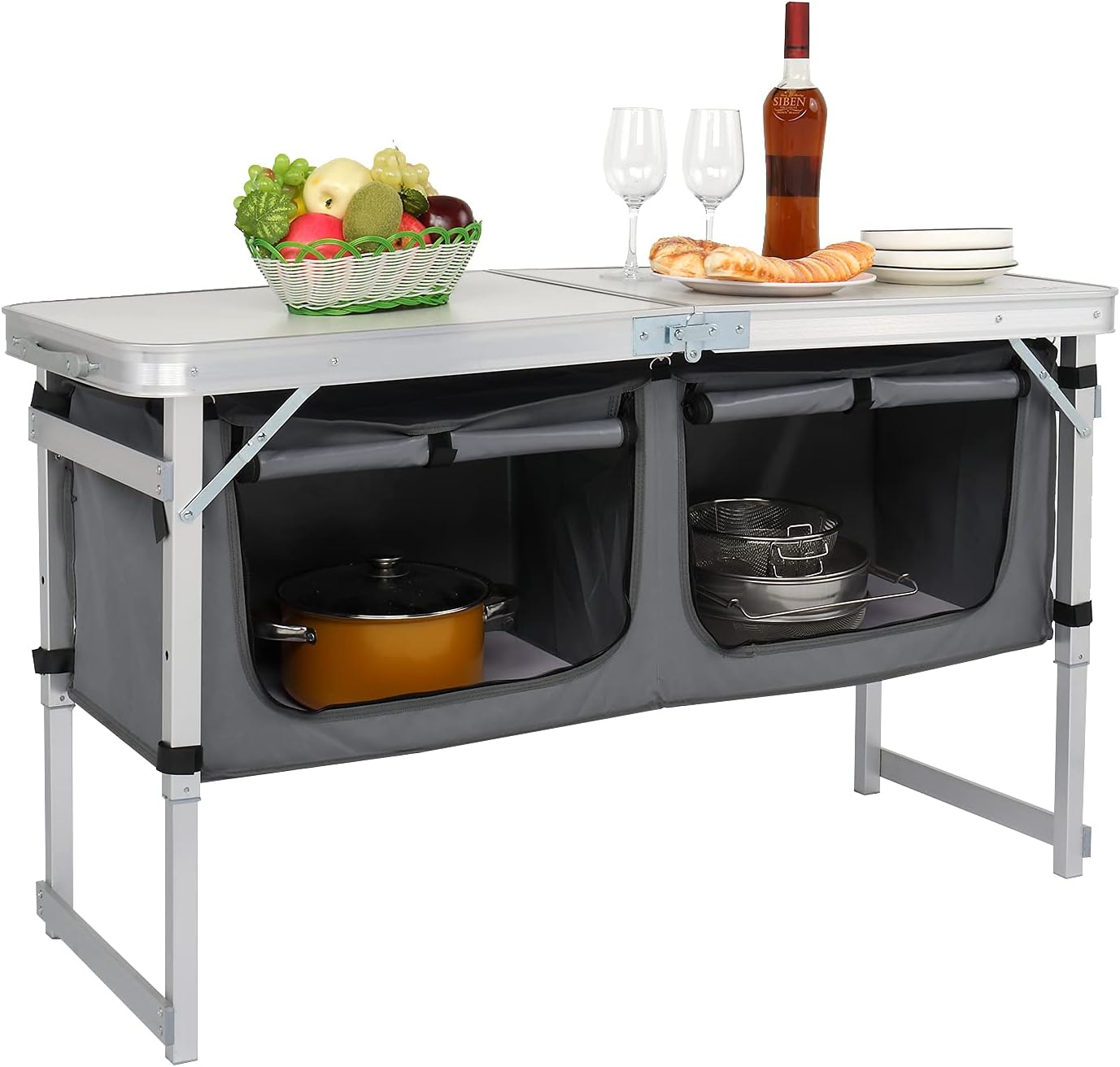 VINGLI Camping Folding Table with Storage Organizer, Height Adjustable Folding Utility Camp Tables, Portable Picnic Table for Camp, Beach, Party, BBQ Pack of 2