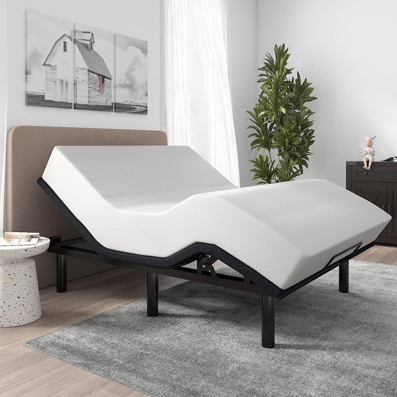 SHA CERLIN Queen Size Adjustable Bed Base/Bed Frame with Motorized Head and Foot Incline,Zero-Gravity,Wireless Remote,Soft Linen Fabric Attached,Wood Board Support (Only Base)