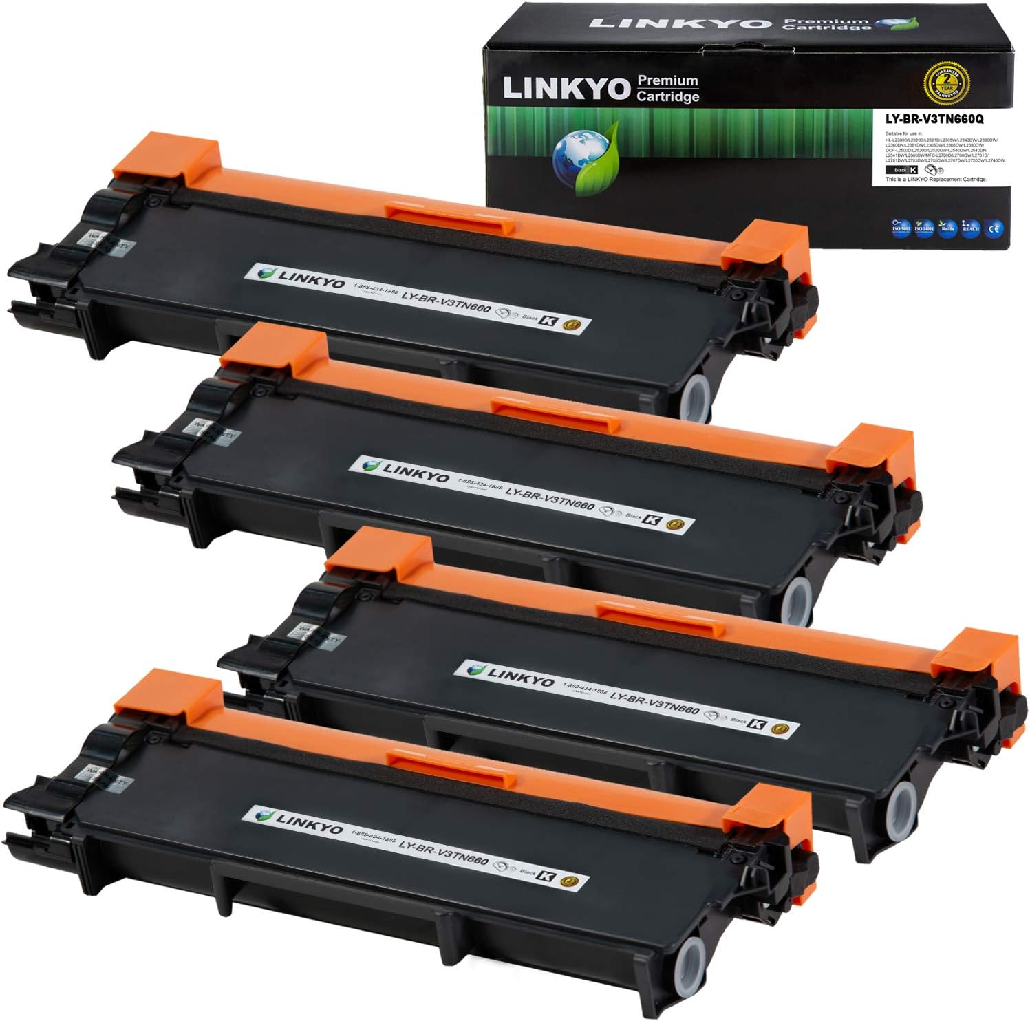 LINKYO Compatible Toner Cartridge Replacement for Brother TN660 TN630 TN-660 (4-Pack, High Yield, Design V3) Pack of 2