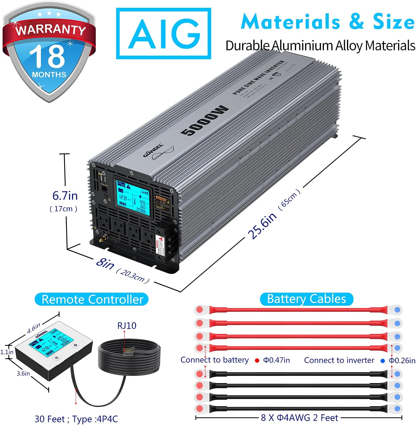 GIANDEL Pure Sine Wave Power Inverter 5000 Watt Converts DC 12 Volt to AC 120 Volt with Hard Wire Terminals & Push Mount Remote Control with LCD Display for Solar System RV Trucks Camper Boats