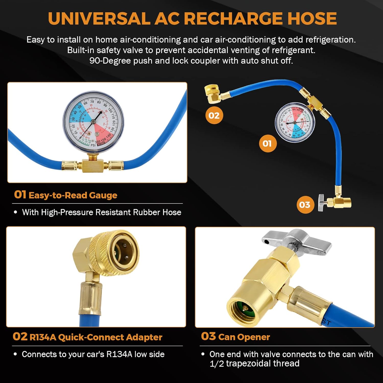 AC Recharge Kit Hose with Gauge, 3 Pack Bullet Piercing Tap Valves, R12 to R134a Conversion Kit for Refrigerator HVAC Tools