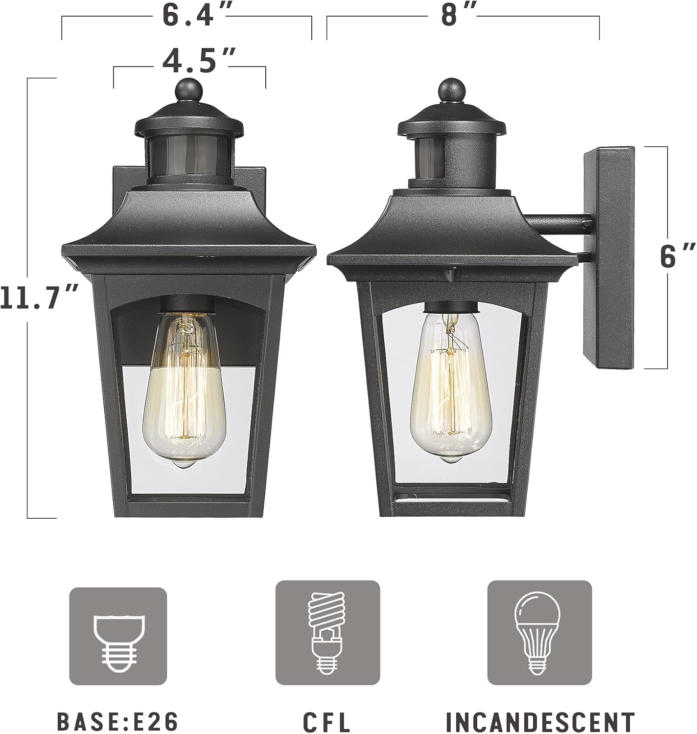 FEMILA 2 Pack Dusk to Dawn Wall Lights, Motion Sensor Outdoor Wall Sconce Lantern, Anti-Rust Exterior Wall Lighting Fixtures, Black Finish with Clear Glass Panel, 4FW48B-SE-2PK BK