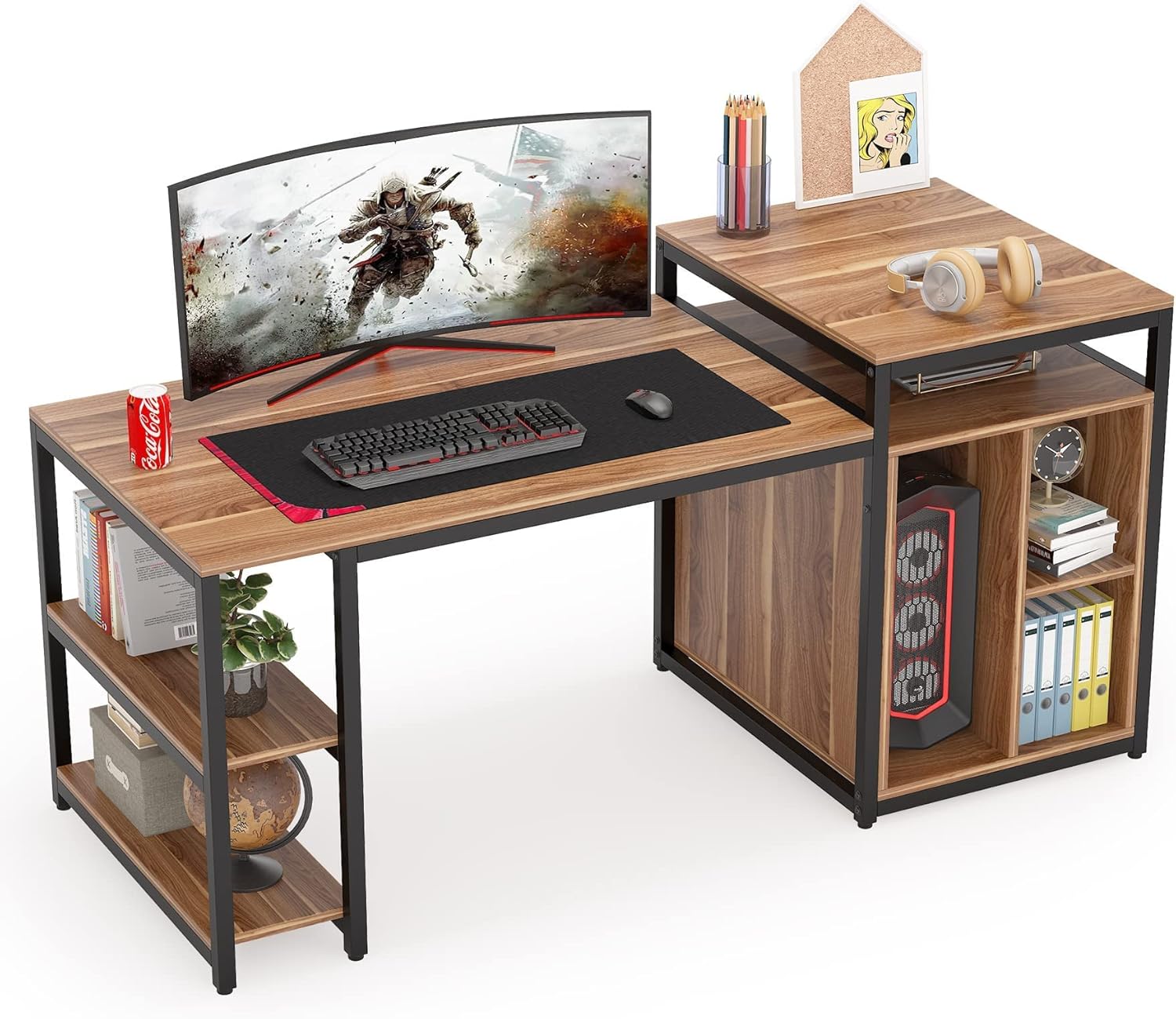 Tribesigns Extra Large Computer Desk with Storage Shelf, Home Office Desk with Printer Stand & Cabinet Bookcase Combo, Writing PC Table with Space Saving Design,Dark Walnut
