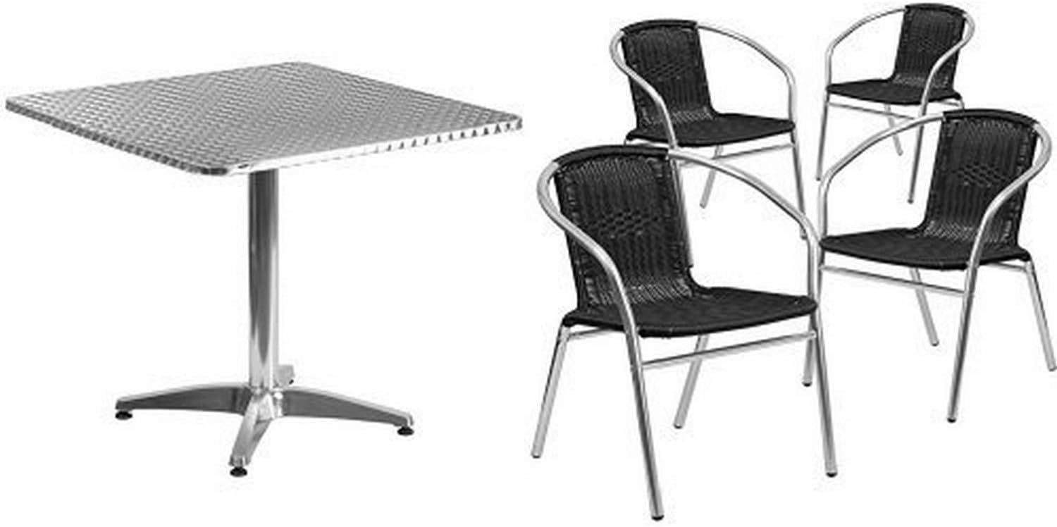Flash Furniture 31.5'' Square Aluminum Indoor-Outdoor Table Set with 4 Black Rattan Chairs