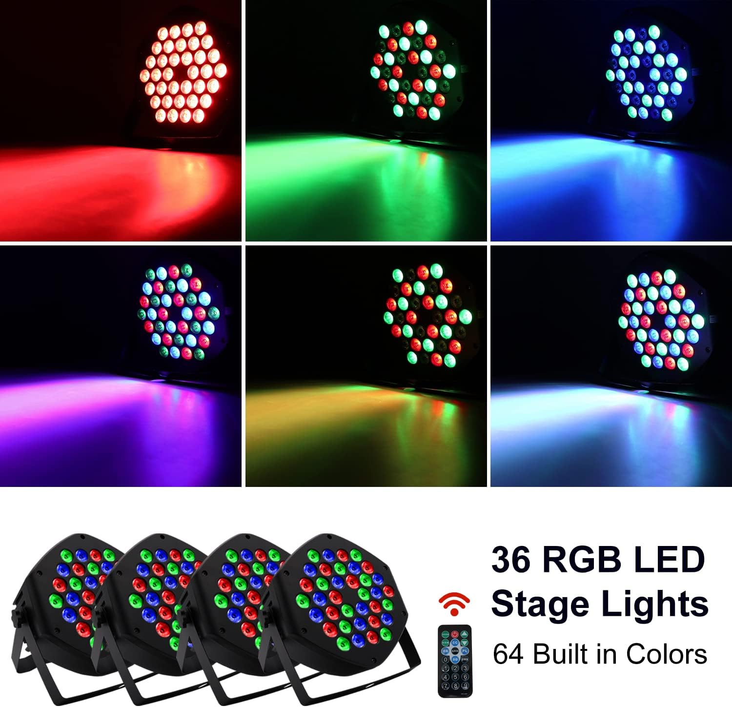 WGSS Par Lights for Stage Lighting 4 Pack, 36 RGB LED Up Light DJ Wash Cans DMX 7 Channel Sound Activated Strobe Remote Indoor for Events Wedding Church Rave Disco Party Dance Floor