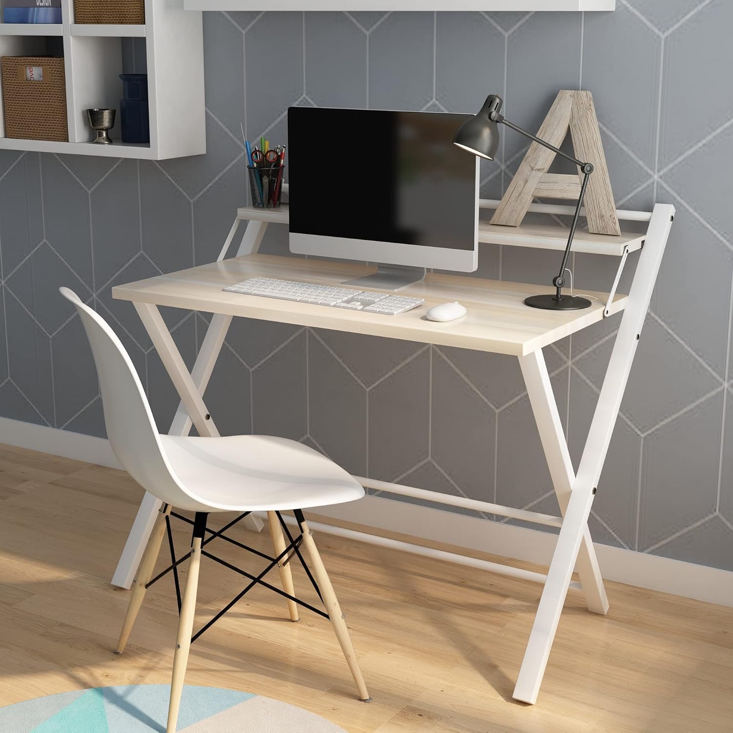 AWQM Folding Computer Desk No Assembly Required, 2-Tier Wooden Writing Desk, Space Saving with Shelf, Foldable Tables for Gaming, Study, Home Office, Beige/33.8