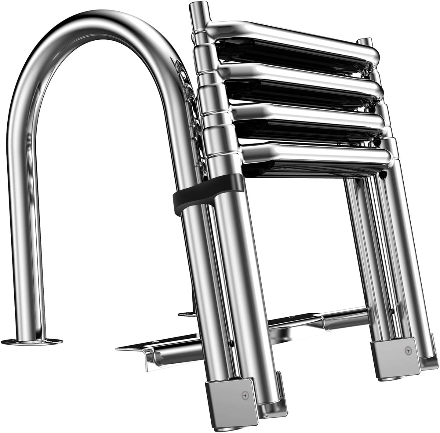 XGEAR 4 Step Pontoon Boat Ladder, Foldable Premium Stainless Steel Marine Yacht Ladder /Swim Deck Ladder with Pedal Hand Railing ,Slip-Proof Plastic Tread , Retaining Strap