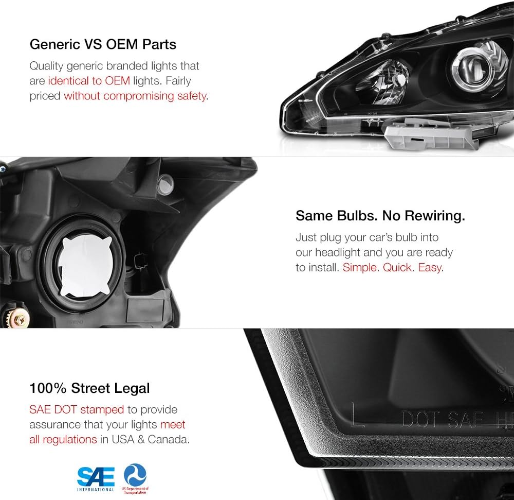 VIPMOTOZ Black Housing OE-Style Projector Headlight Headlamp Assembly For 2013-2015 Nissan Altima Sedan Halogen Model, Driver & Passenger Side