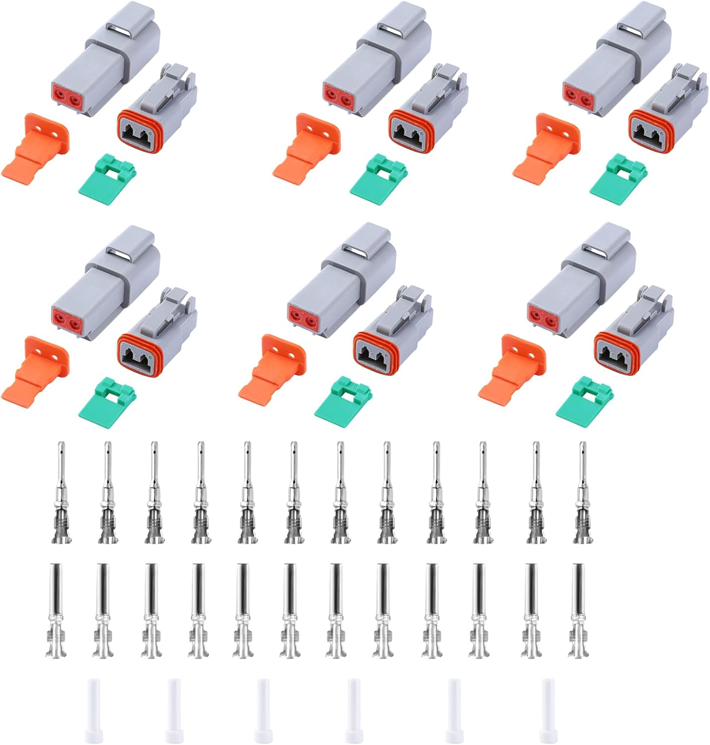 Deutsch DT Grey 2 Pin Connectors 6 Sets, Waterproof Electrical Wire Connector with Solid Contacts and Seal Plug for Truck, Off-Road Vehicles, Construction, Agriculture, Marine, Motorcycle Wiring