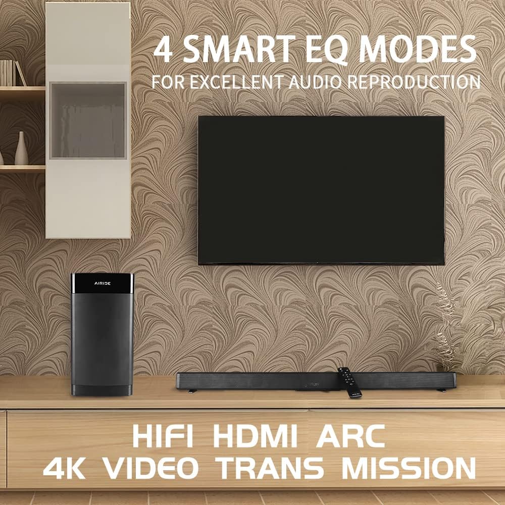 AIRIDE 38.5” Soundbar for TV, 2.1 CH Sound Bar with 5.25 inch Subwoofer for 4K and HD TV, Bluetooth 5.0,HDMI(ARC),Optical,COAXIAL,AUX,RCA,USB,Black
