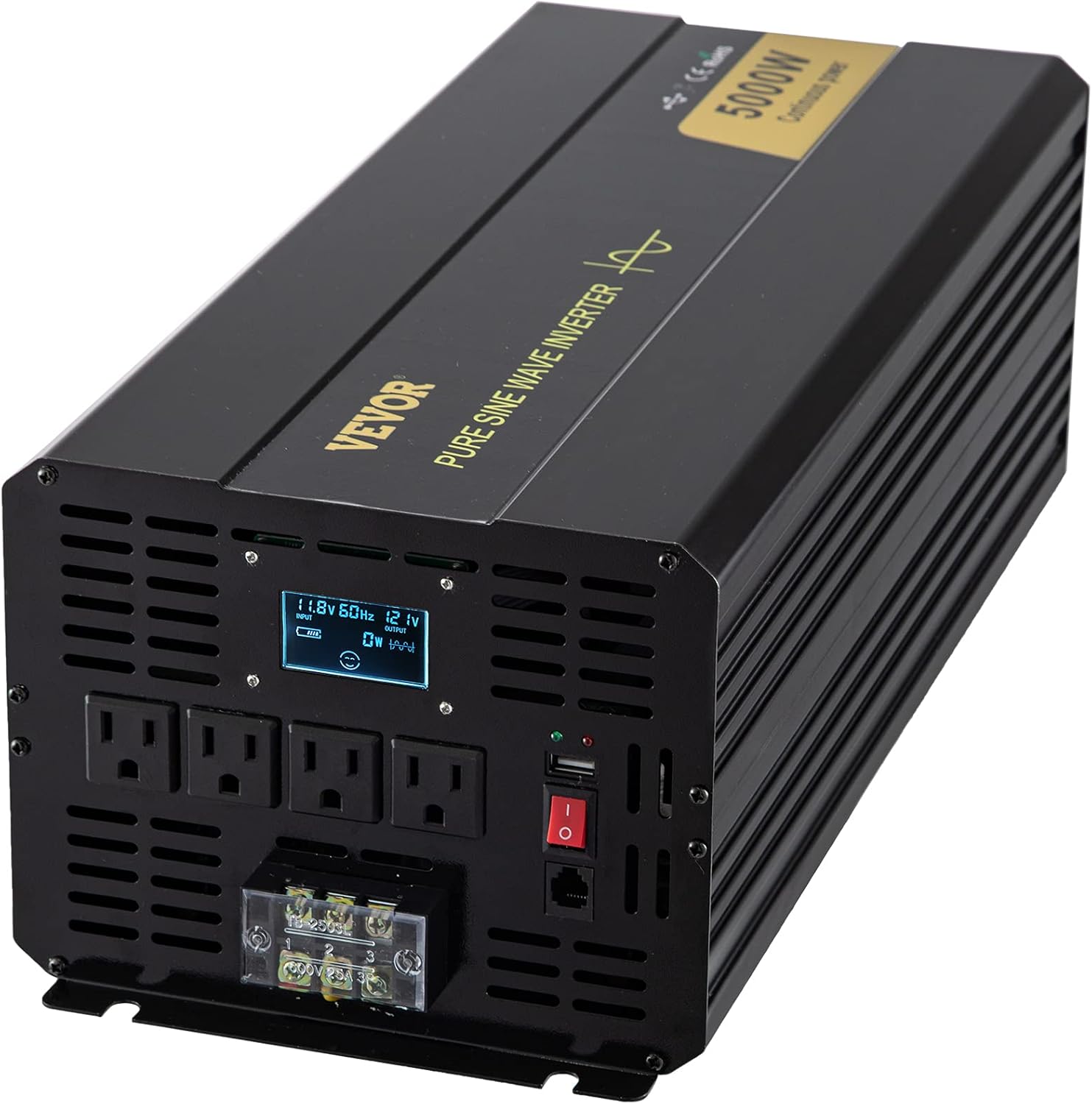 VEVOR Pure Sine Wave Inverter, 5000 Watt Power Inverter, DC 12V to AC 120V Car Inverter, with LCD Display, USB Port and Remote Controller, Power Converter for Car RV Truck Solar System Travel Camping