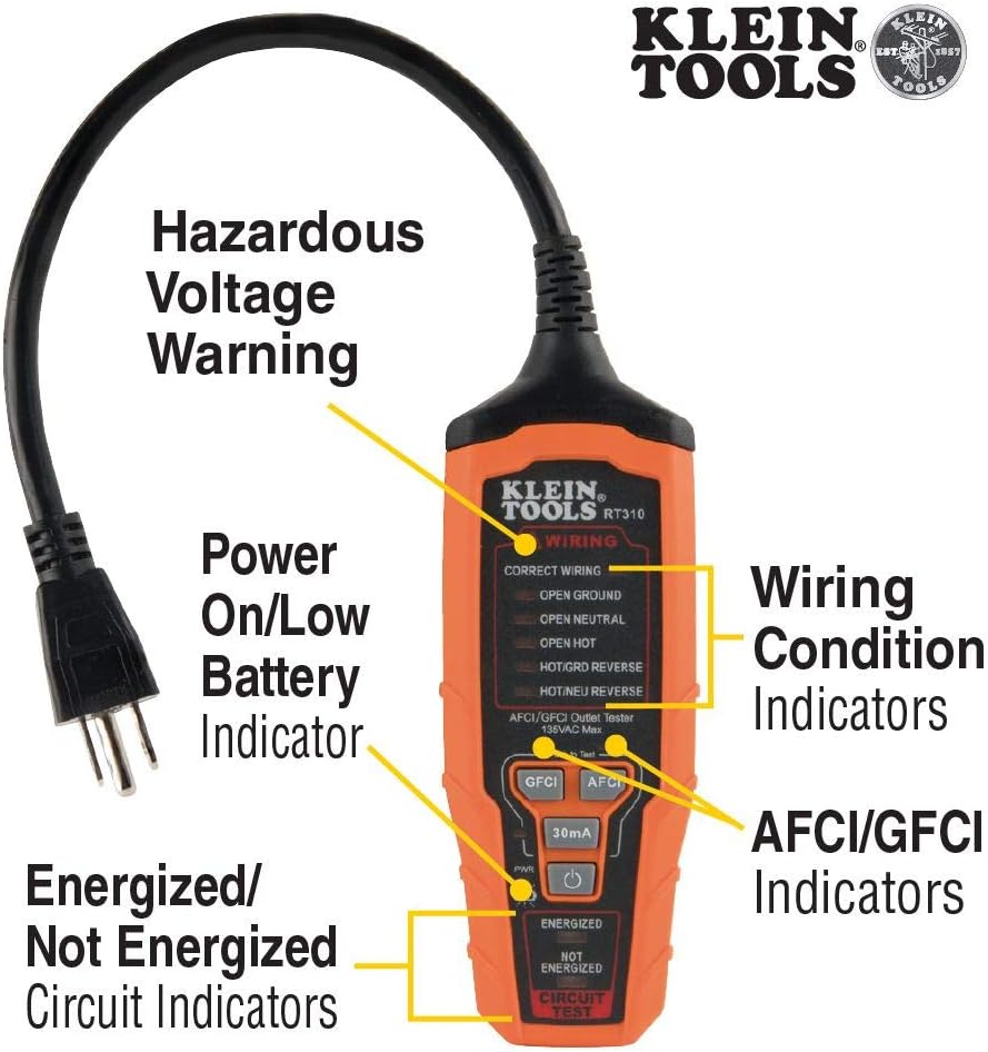 Klein Tools RT310 Receptacle Tester, AFCI and GFCI Outlet and Device Tester for North American AC Electrical Outlet Receptacles