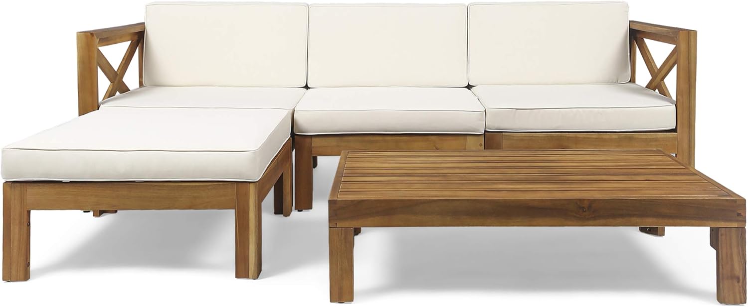 Christopher Knight Home 308260 Mamie Outdoor Acacia Wood 5 Piece Sofa Set, Teak Finish, Beige