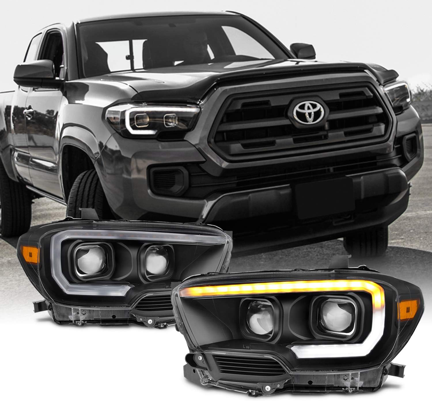 AKKON - For 2016-2022 Toyota Tacoma TRD/Limited Sequential LED Tube Dual Square Projector Headlights Pair
