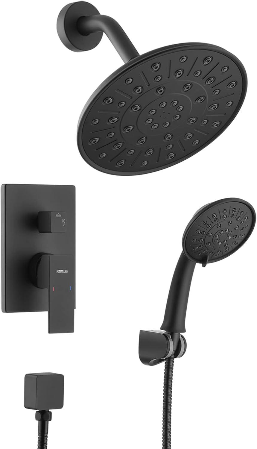 NAVALYA Shower System, 8'' Bathroom Shower Set with Rainfall Showerhead & Handheld Shower Head, High-Pressure Wall Mounted Shower System Included Rough-in Valve & Trim Kit, Matte Black