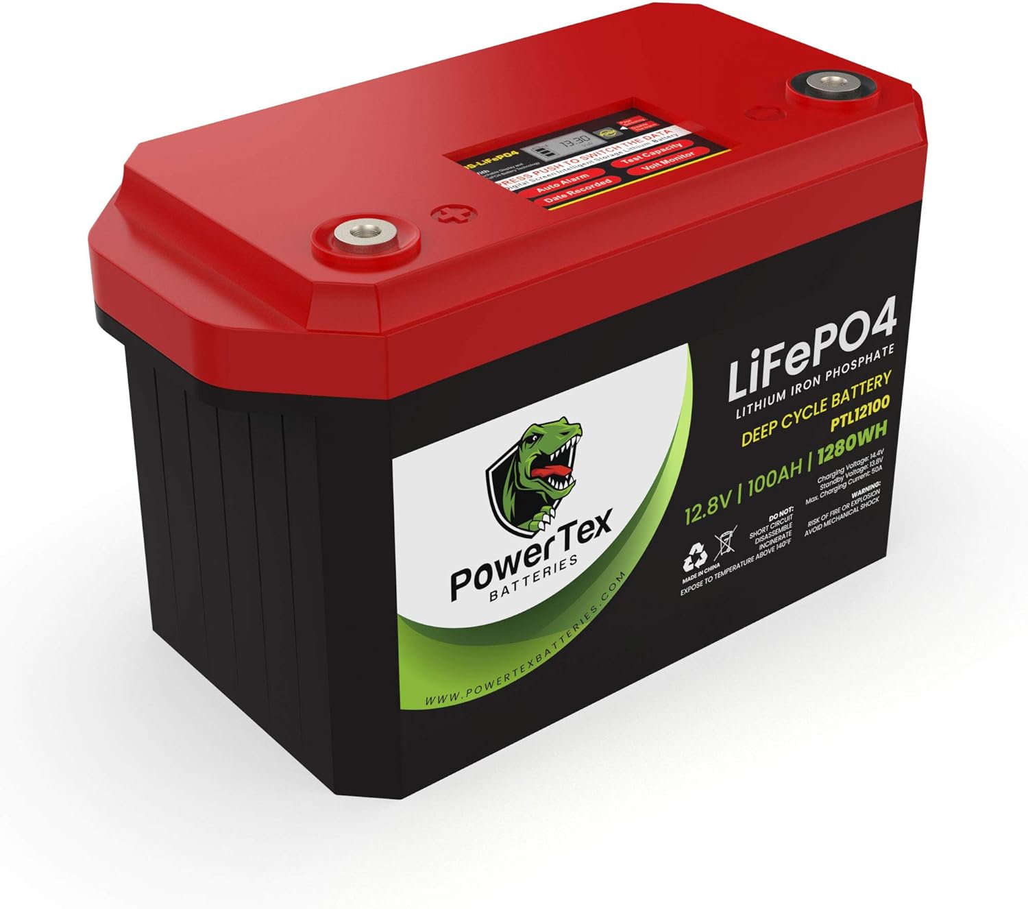 PowerTex Batteries 12V 100Ah 1224Wh Lithium Ion LiFePO4 Deep Cycle Rechargeable Battery - LCD Display & 5-10 Year Battery Life- SLA Drop-in Replacement for Camper, RV, Solar, Marine, Off-Grid & More!