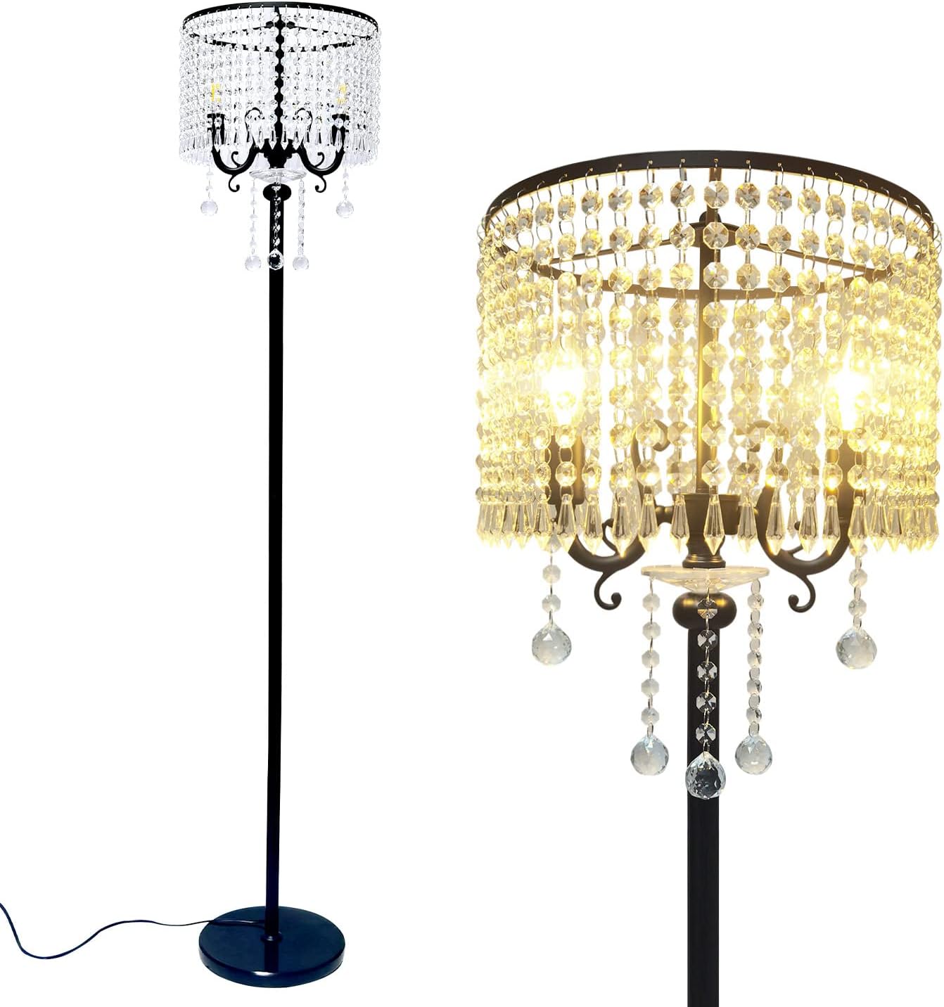 Hsyile KU300267 Modern Elegance Crystal Floor Lamp for Living Room,Bedroom,Office - Standing Tall Pole Lamp - Classic Black