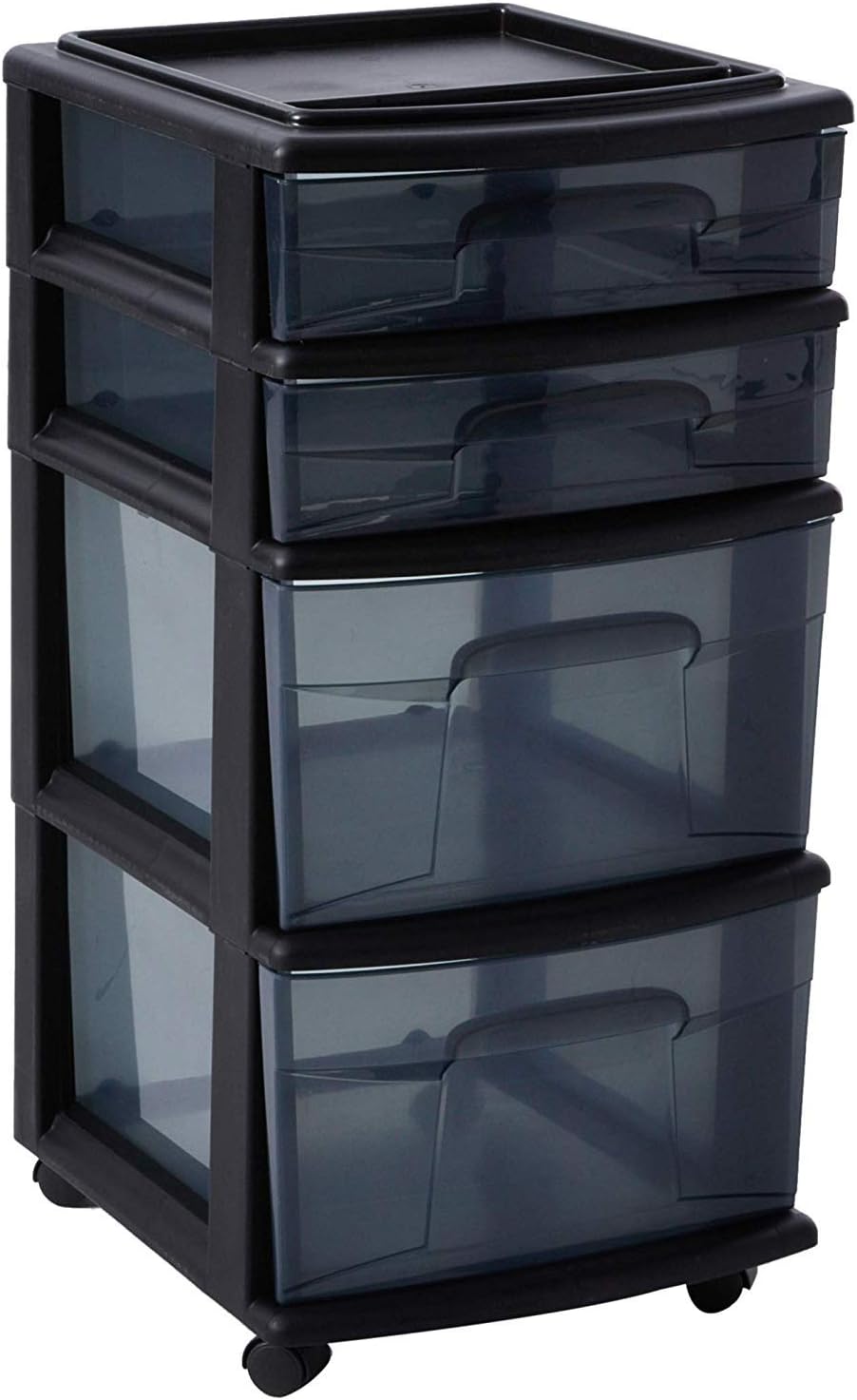 Plastic 4 Drawer Medium Cart, Black Frame with Smoke Tint Drawers, Casters Included Pack of 2