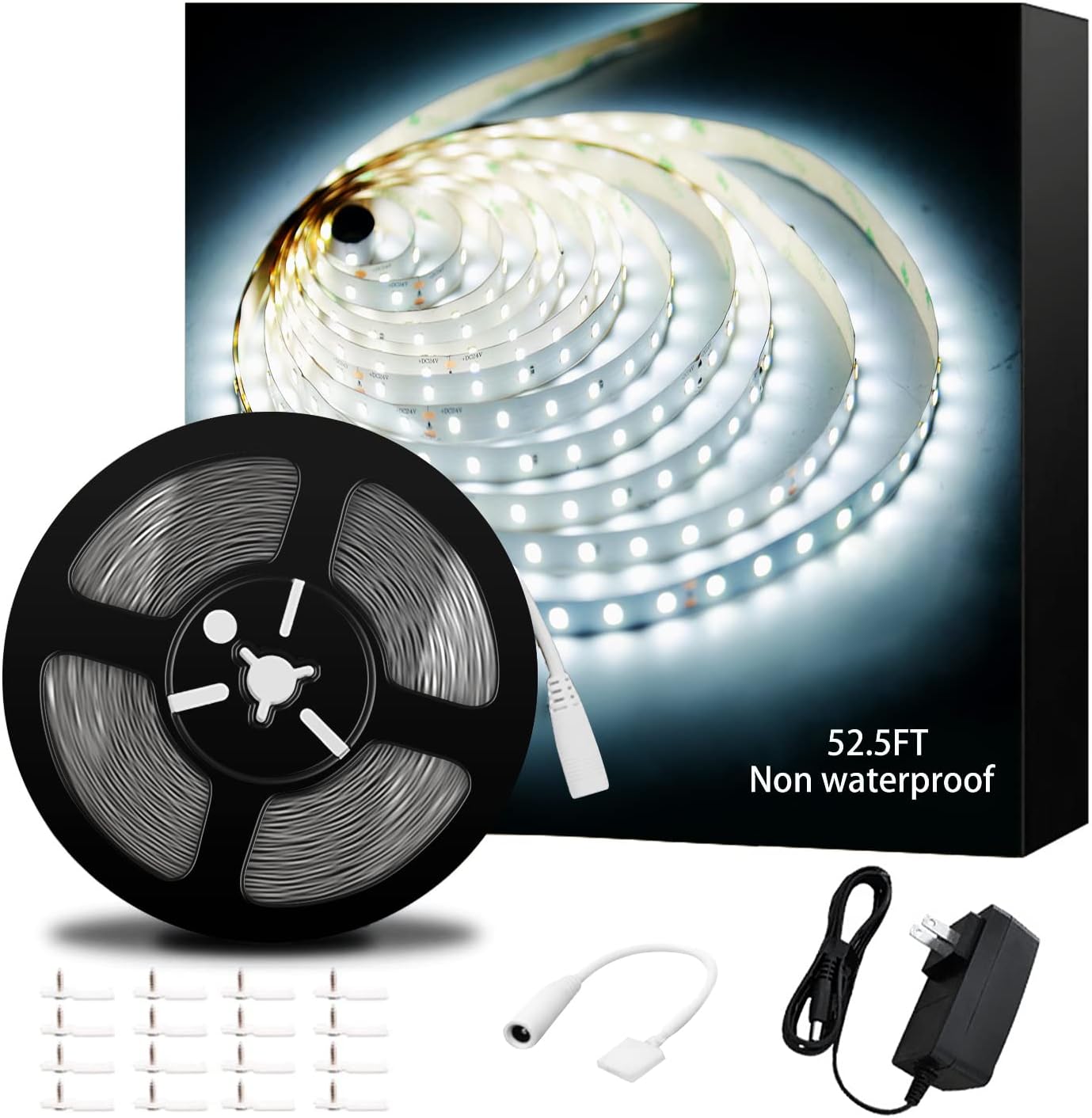 PryEU Daylight White Indoor LED Strip Lights 52.5Ft/16m Non-Waterproof, Ultra Bright 6000K Flexible 24V Led Tape Lights SMD2835 x 1024 LEDs for Room Bedroom Kitchen Under Cabinet Decoration Pack of 2