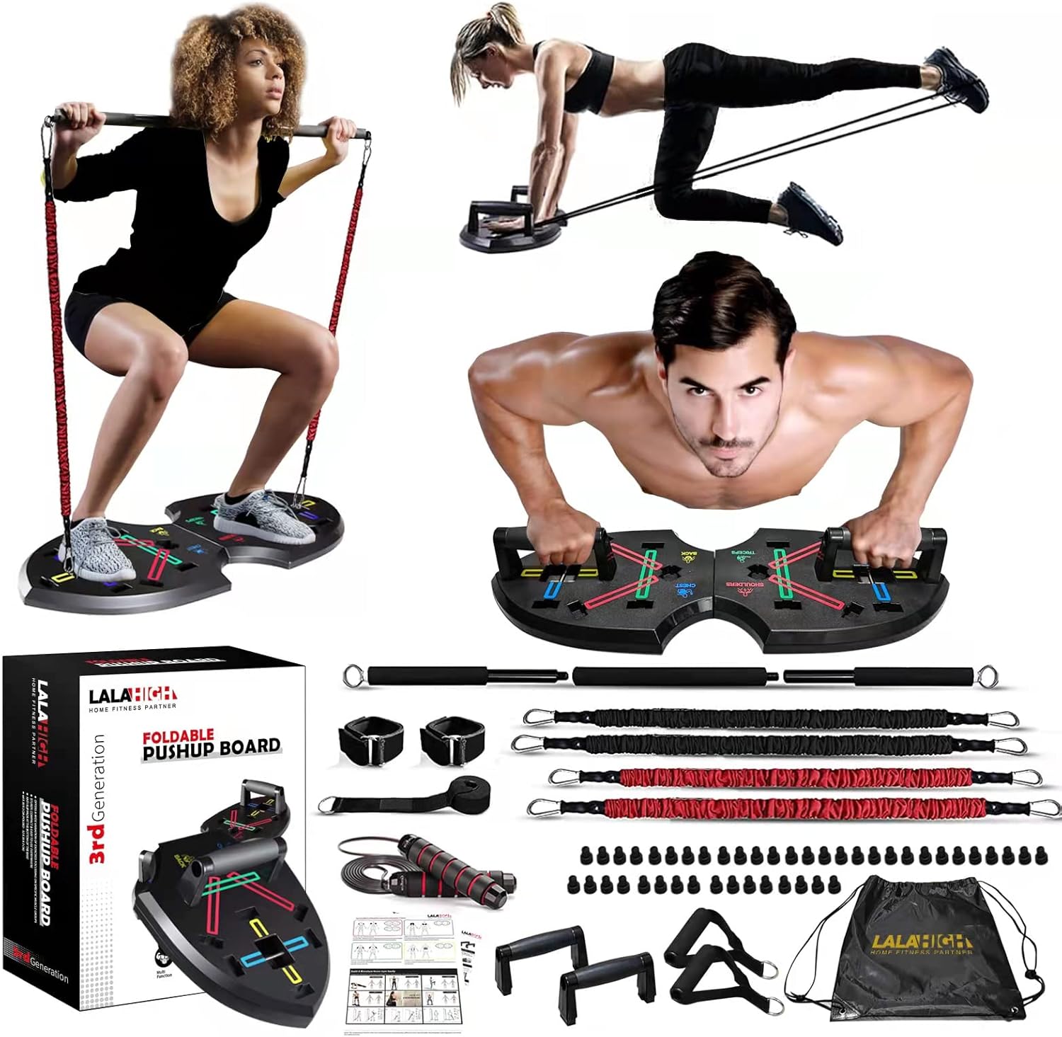 Ultimate Push Up board, Portable at Home Gym, Strength Training equipment for Men, Home Workout Equipment with 15 Gym Accessories, Foldable Pushup bar with Resistance band, Pilates Bar, Jump rope Pack of 2