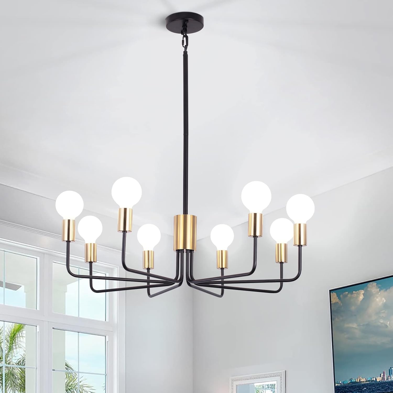PUMING 8 Lights Pendants Lights Fixture Farmhouse Chandeliers with Adjustable Rod 51.2 Inch Gold and Black Modern Chandeliers for Dining Room, Bedroom, Living Room, Kitchen