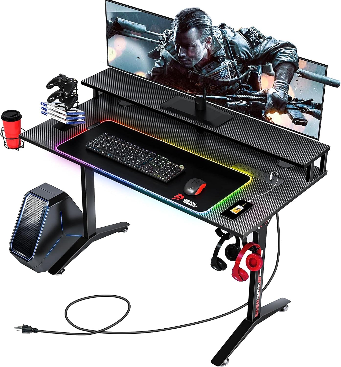 Seven Warrior Gaming Desk 40INCH with RGB Mouse Pad & Power Outlet, Carbon Fiber Surface Gamer Desk with Monitor Stand, Ergonomic Y Shaped Gamer Table with Cup Holder, Headphone Hook, Outlet Organizer